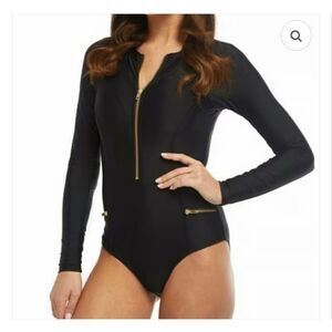 Cabana Life Black Zip Front Pockets Long Sleeve One Piece Swimsuit Size XL